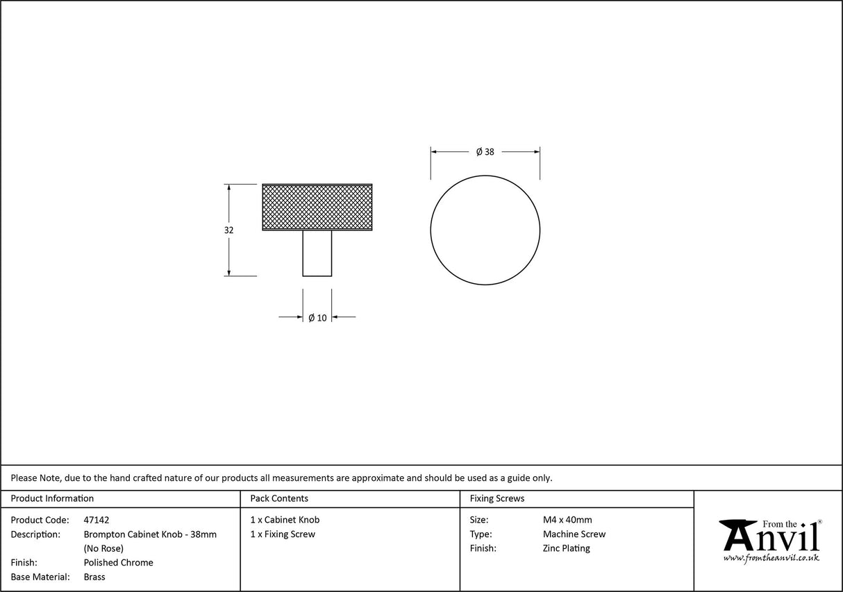 From The Anvil - Polished Chrome Brompton Cabinet Knob - 38mm (No rose) | Sku. 47142 | Trade Door Handles.