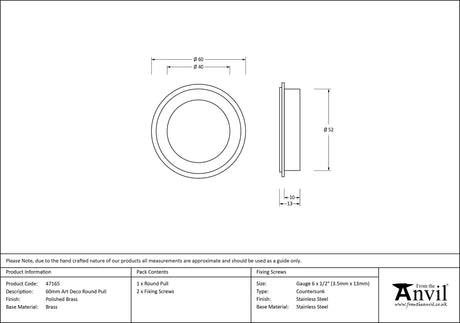 From The Anvil - Polished Brass 60mm Art Deco Round Pull | Sku. 47165 | Trade Door Handles.