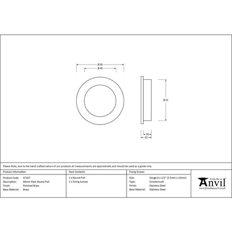 From The Anvil - Polished Brass 60mm Plain Round Pull | Sku. 47167 | Trade Door Handles.