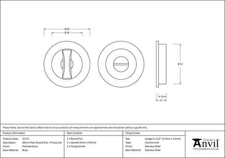 From The Anvil - Polished Brass 60mm Plain Round Pull - Privacy Set | Sku. 47171 | Trade Door Handles.