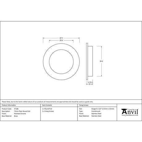 From The Anvil - Polished Chrome 75mm Plain Round Pull | Sku. 47186 | Trade Door Handles.