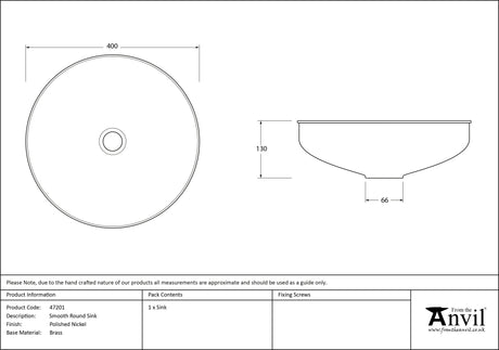 From The Anvil - Smooth Nickel Round Sink | Sku. 47201 | Trade Door Handles.
