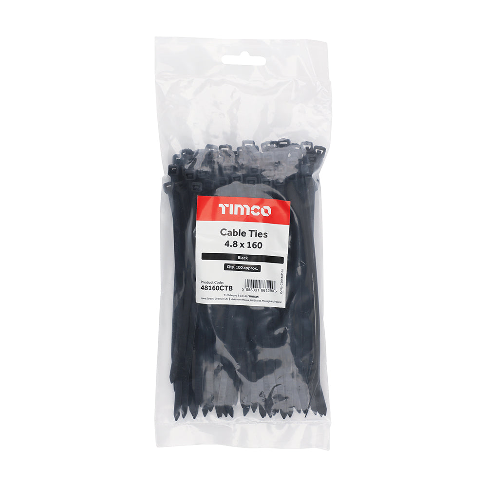 This is an image of Timco - Cable Ties - Black 4.8 x 160mm - (100 PCS Bag) 48160CTB
