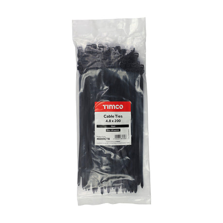 This is an image of Timco - Cable Ties - Black 4.8 x 200mm - (100 PCS Bag) 48200CTB