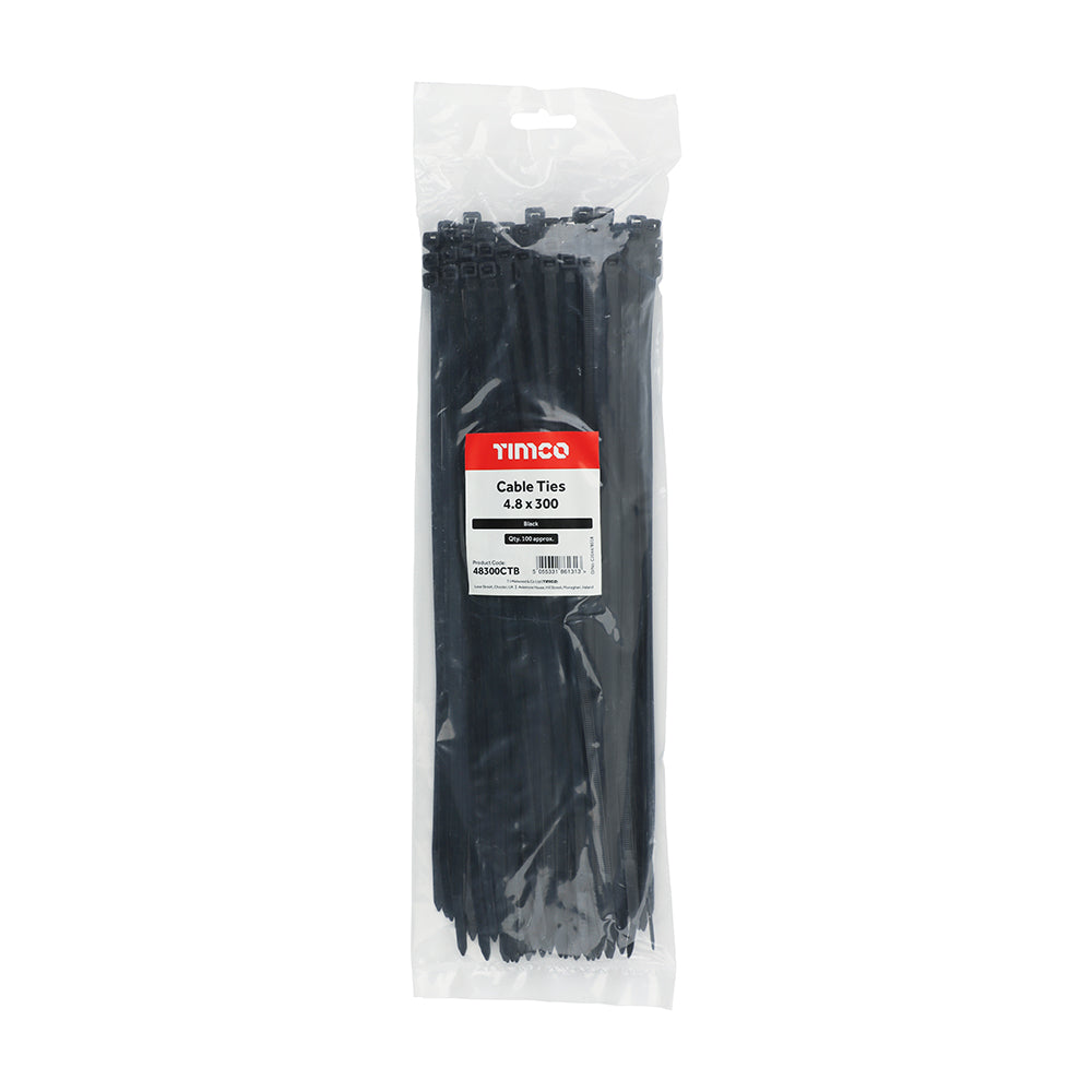 This is an image of Timco - Cable Ties - Black 4.8 x 300mm - (100 PCS Bag) 48300CTB