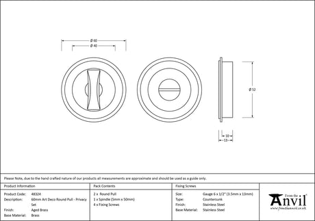 From The Anvil - Aged Brass 60mm Art Deco Round Pull - Privacy Set | Sku. 48324 | Trade Door Handles.