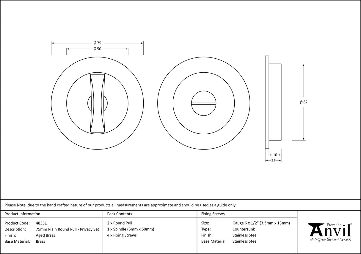 From The Anvil - Aged Brass 75mm Plain Round Pull - Privacy Set | Sku. 48331 | Trade Door Handles.