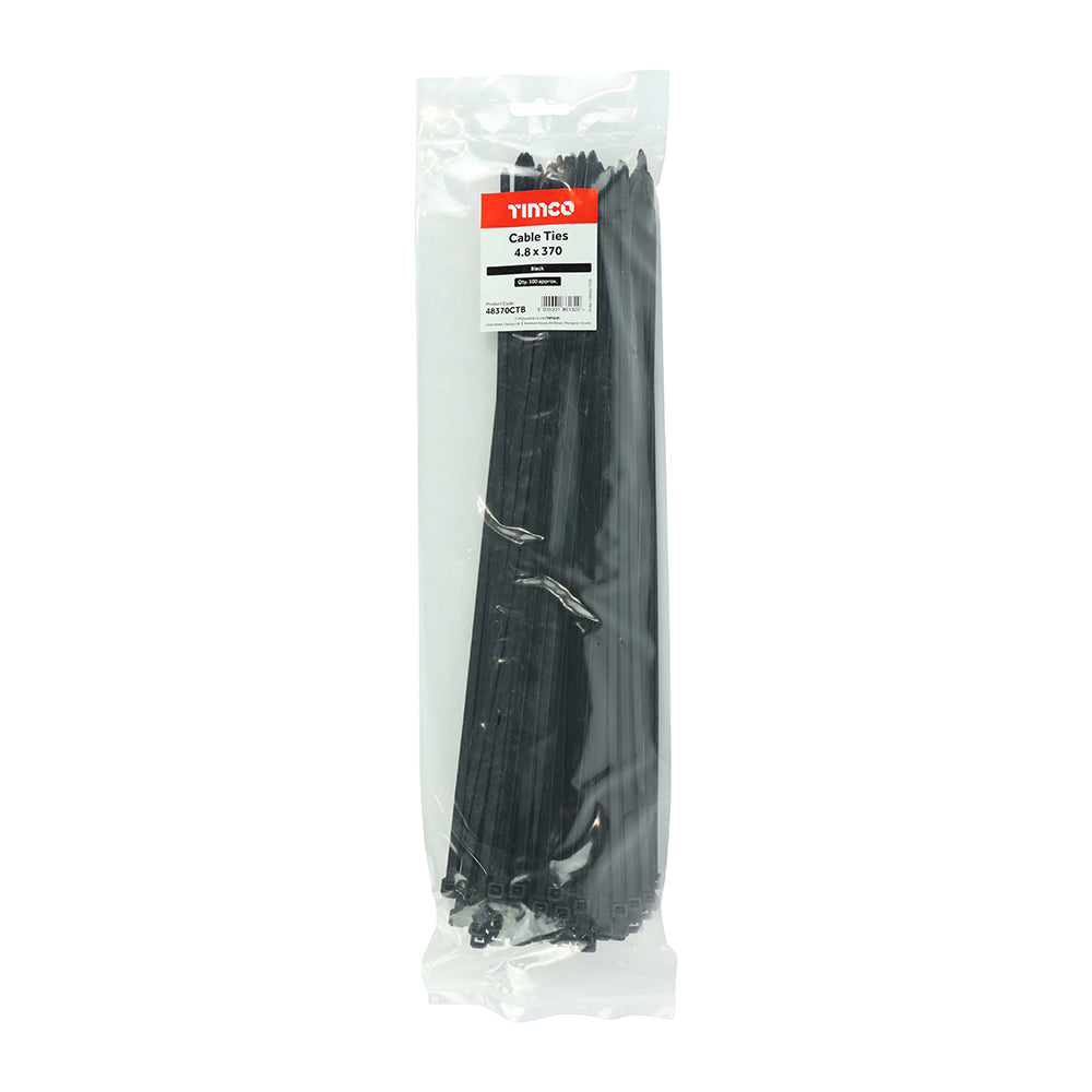 This is an image of Timco - Cable Ties - Black 4.8 x 370mm - (100 PCS Bag) 48370CTB
