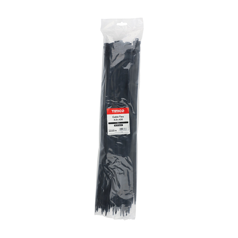 This is an image of Timco - Cable Ties - Black 4.8 x 430mm - (100 PCS Bag) 48430CTB