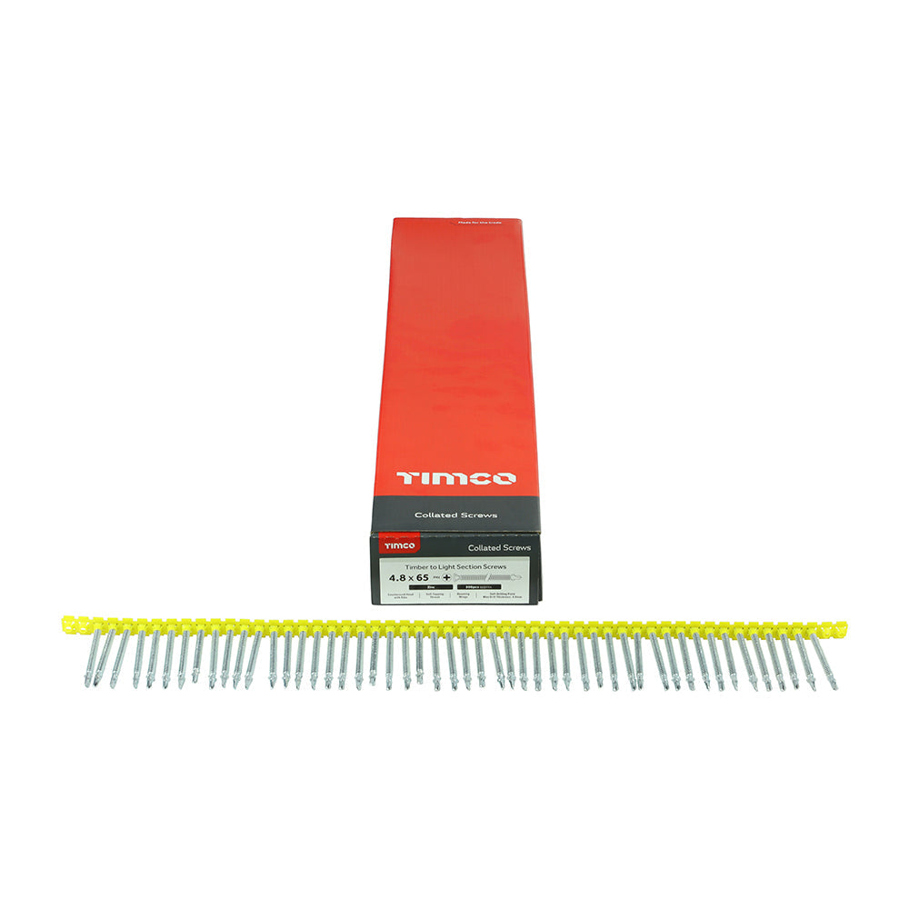 This is an image of Timco - Collated Timber to Light Section Screws - Countersunk - Wing-Tip - Self-Drilling - Zinc 4.8 x 65mm - (500 PCS Box) 4865COLLW