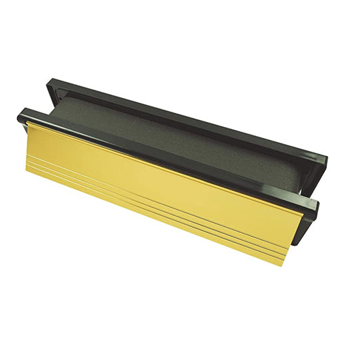 This is an image of Timco - Intumescent Letterbox - Polished Gold - Black Frame 272 x 70 (1 Each Box) 487158