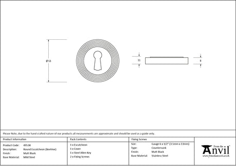 From The Anvil - Matt Black Round Escutcheon (Beehive) | Sku. 49538 | Trade Door Handles.