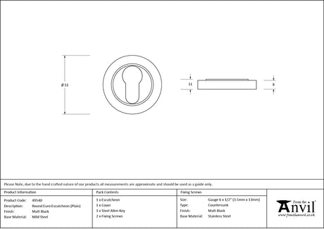 From The Anvil - Matt Black Round Euro Escutcheon (Plain) | Sku. 49540 | Trade Door Handles.