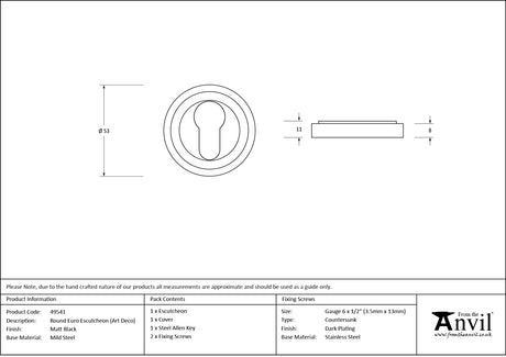 From The Anvil - Matt Black Round Euro Escutcheon (Art Deco) | Sku. 49541 | Trade Door Handles.