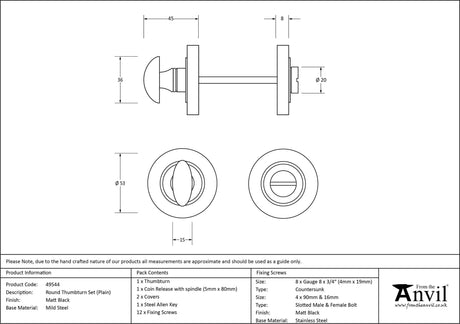 From The Anvil - Matt Black Round Thumbturn Set (Plain) | Sku. 49544 | Trade Door Handles.