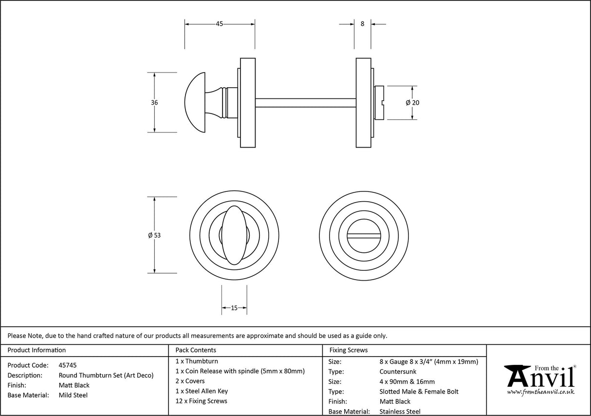 From The Anvil - Matt Black Round Thumbturn Set (Art Deco) | Sku. 49545 | Trade Door Handles.