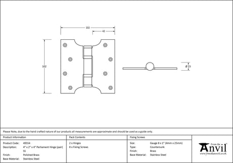 From The Anvil - Polished Brass 4" x 2" x 4" Parliament Hinge (pair) ss | Sku. 49554 | Trade Door Handles.