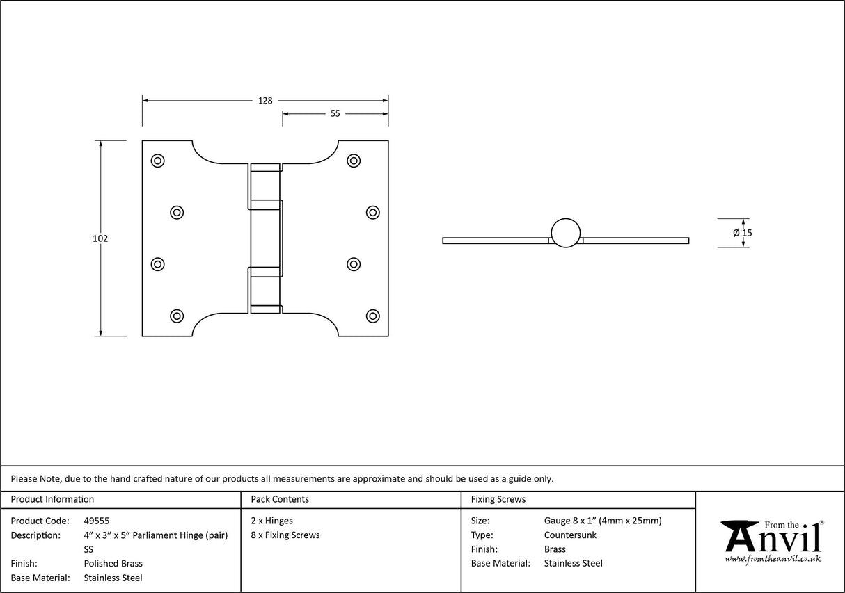 From The Anvil - Polished Brass 4" x 3" x 5" Parliament Hinge (pair) ss | Sku. 49555 | Trade Door Handles.