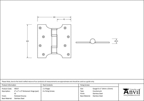 From The Anvil - Polished Chrome 4" x 2" x 4" Parliament Hinge (pair) ss | Sku. 49557 | Trade Door Handles.