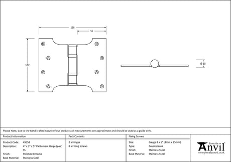 From The Anvil - Polished Chrome 4" x 3" x 5" Parliament Hinge (pair) ss | Sku. 49558 | Trade Door Handles.