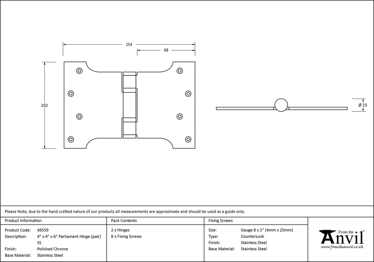 From The Anvil - Polished Chrome 4" x 4" x 6" Parliament Hinge (pair) ss | Sku. 49559 | Trade Door Handles.