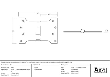 From The Anvil - Polished Nickel 4" x 4" x 6" Parliament Hinge (pair) ss | Sku. 49565 | Trade Door Handles.