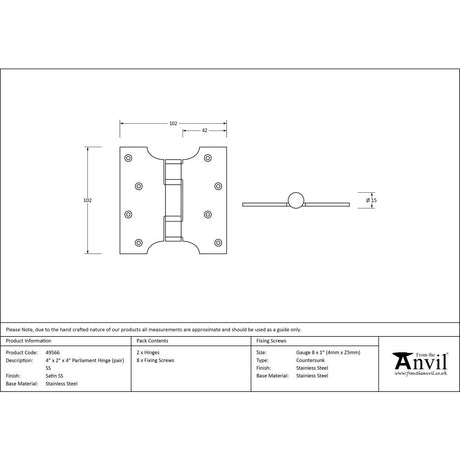 From The Anvil - Satin SS 4" x 2" x 4" Parliament Hinge (pair) | Sku. 49566 | Trade Door Handles.