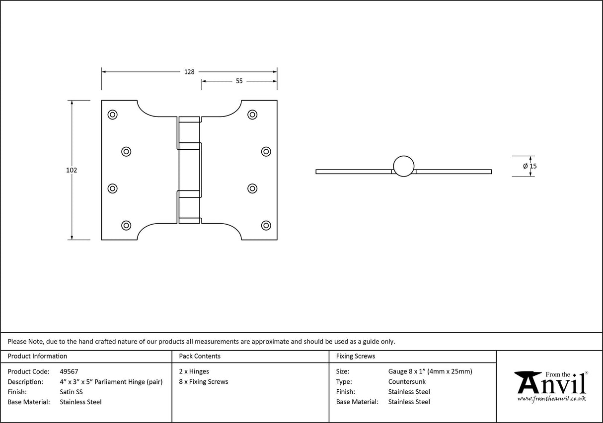 From The Anvil - Satin SS 4" x 3" x 5" Parliament Hinge (pair) | Sku. 49567 | Trade Door Handles.