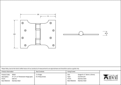 From The Anvil - Satin SS 4" x 3" x 5" Parliament Hinge (pair) | Sku. 49567 | Trade Door Handles.