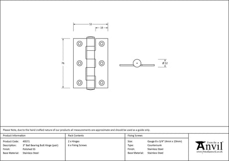 From The Anvil - Polished SS 3" Ball Bearing Butt Hinge (pair) | Sku. 49571 | Trade Door Handles.
