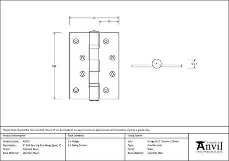 From The Anvil - Polished Brass 4" Ball Bearing Butt Hinge (pair) ss | Sku. 49573 | Trade Door Handles.