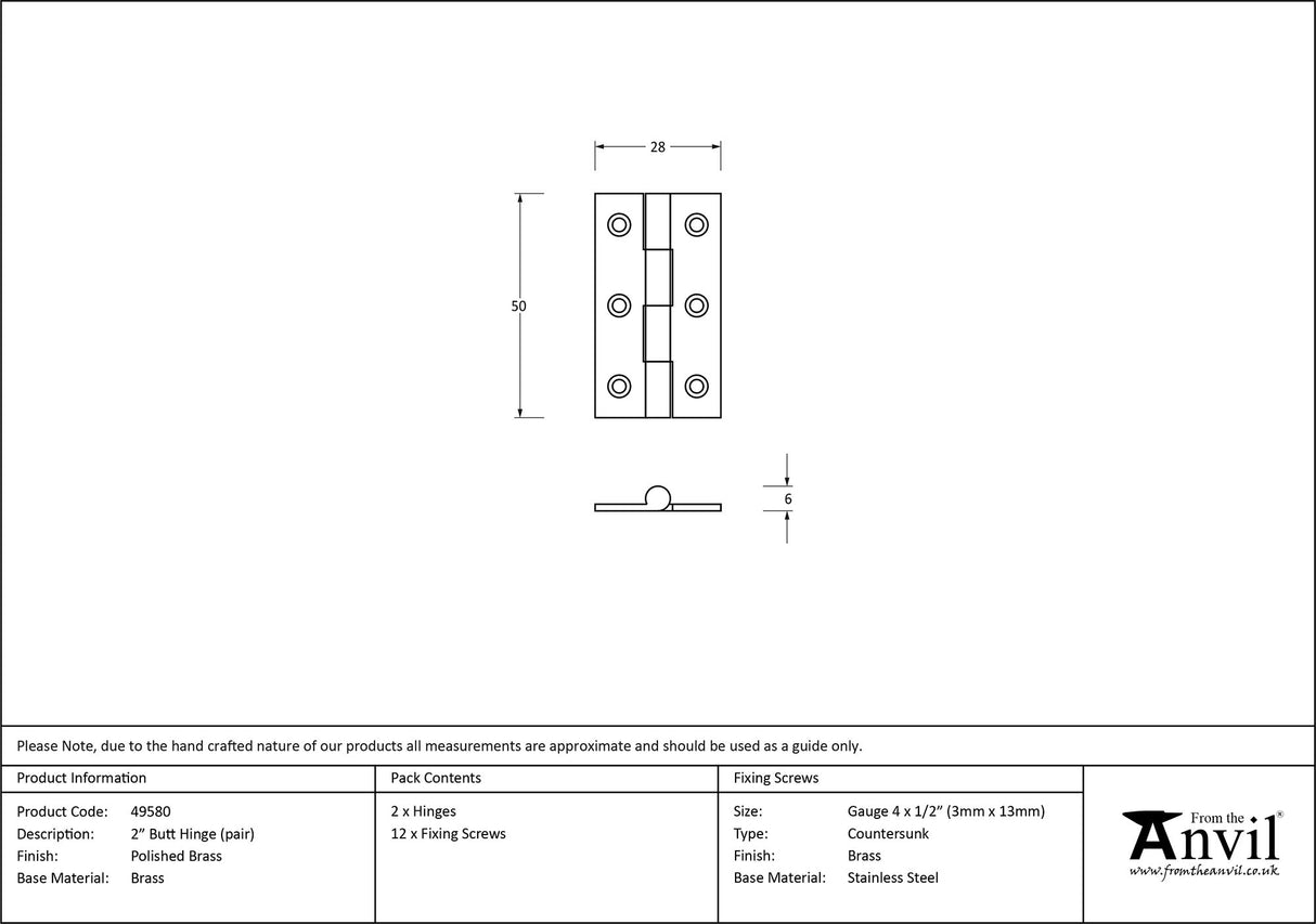 From The Anvil - Polished Brass 2" Butt Hinge (pair) | Sku. 49580 | Trade Door Handles.