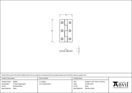 From The Anvil - Polished Brass 2" Butt Hinge (pair) | Sku. 49580 | Trade Door Handles.