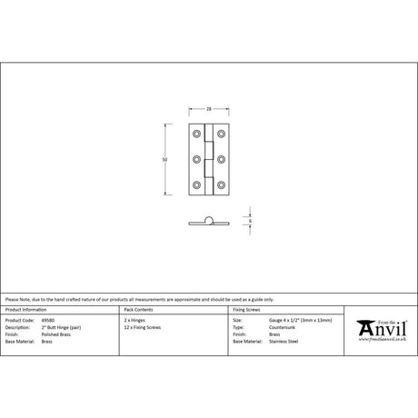 From The Anvil - Polished Brass 2" Butt Hinge (pair) | Sku. 49580 | Trade Door Handles.