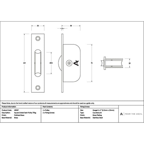 High quality images of the From The Anvil - Unlacquered Brass Square Ended Sash Pulley 75kg | Sku. Anvil-49587 | available to order from Trade Door Handles, quick delivery at discounted prices.