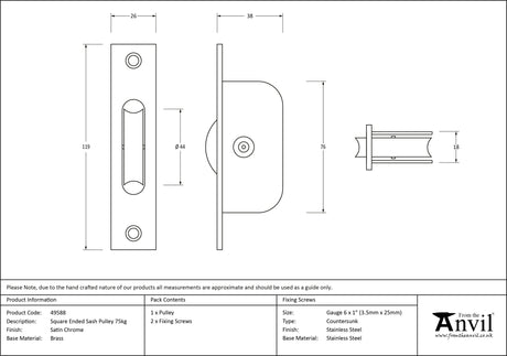 From The Anvil - Satin Chrome Square Ended Sash Pulley 75kg | Sku. 49588 | Trade Door Handles.