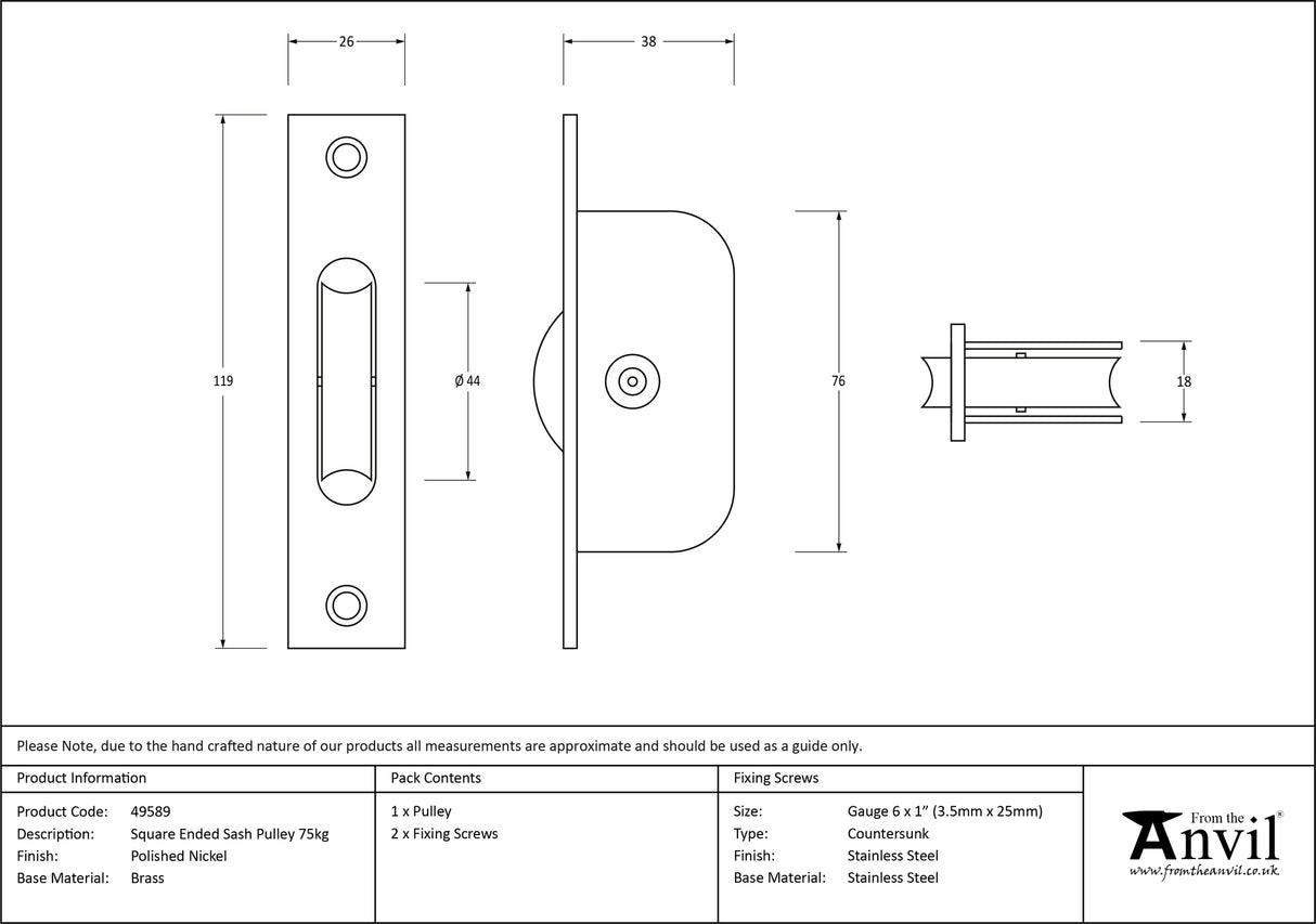 From The Anvil - Polished Nickel Square Ended Sash Pulley 75kg | Sku. 49589 | Trade Door Handles.
