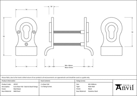 From The Anvil - Matt Black 50mm Euro Door Pull (Back to Back fixing) | Sku. 49597 | Trade Door Handles.
