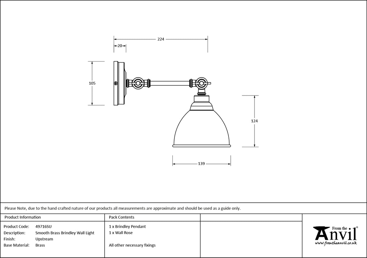 From The Anvil - Smooth Brass Brindley Wall Light in Upstream | Sku. 49716SU | Trade Door Handles.