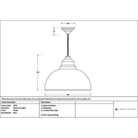 High quality images of the From The Anvil - Pewter Harborne Pendant | Sku. Anvil-49751 | available to order from Trade Door Handles, quick delivery at discounted prices.
