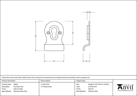 From The Anvil - Satin Marine SS (316) Euro Door Pull | Sku. 49810 | Trade Door Handles.
