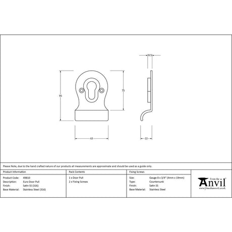 From The Anvil - Satin Marine SS (316) Euro Door Pull | Sku. 49810 | Trade Door Handles.