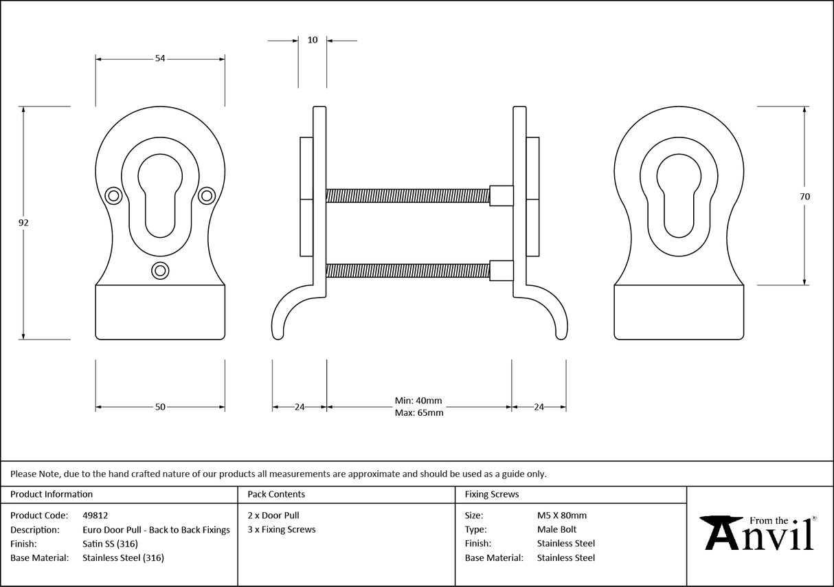 From The Anvil - Satin Marine SS (316) 50mm Euro Door Pull (Back to Back fixings) | Sku. 49812 | Trade Door Handles.