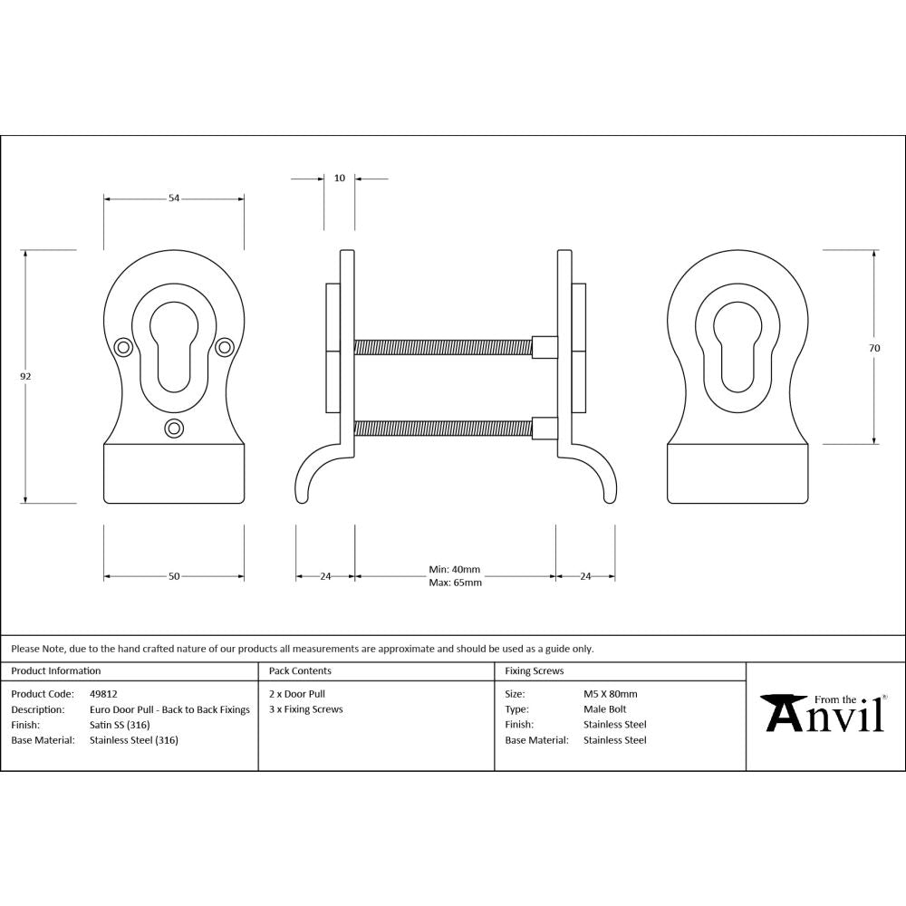 From The Anvil - Satin Marine SS (316) 50mm Euro Door Pull (Back to Back fixings) | Sku. 49812 | Trade Door Handles.