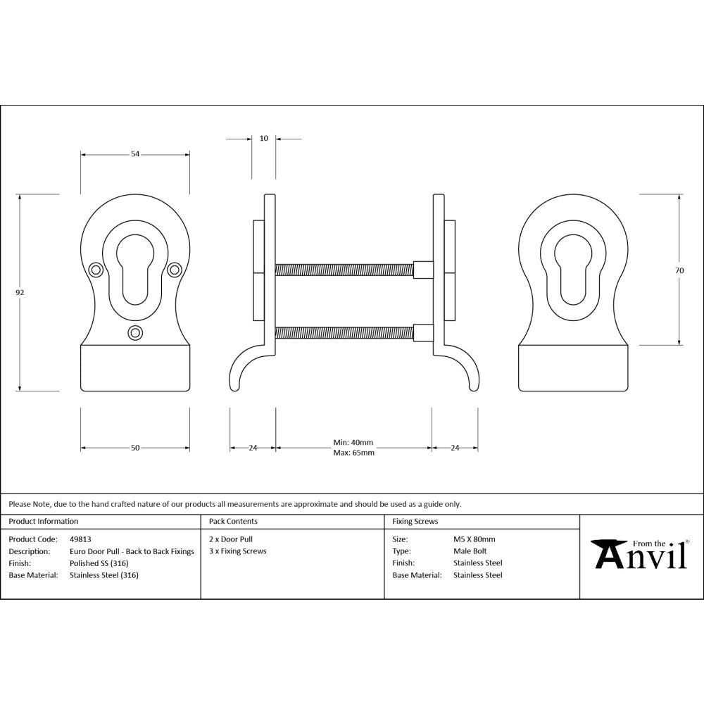 From The Anvil - Polished Marine SS (316) 50mm Euro Door Pull (Back to Back fixings) | Sku. 49813 | Trade Door Handles.