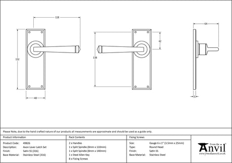 From The Anvil - Satin Marine SS (316) Avon Lever Latch Set | Sku. 49826 | Trade Door Handles.