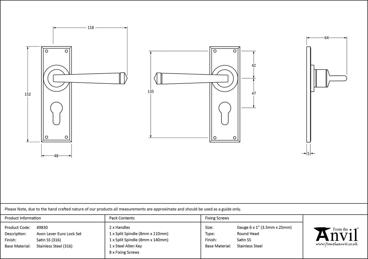 From The Anvil - Satin Marine SS (316) Avon Lever Euro Lock Set | Sku. 49830 | Trade Door Handles.