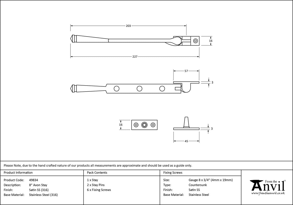 From The Anvil - Satin Marine SS (316) 8" Avon Stay | Sku. 49834 | Trade Door Handles.