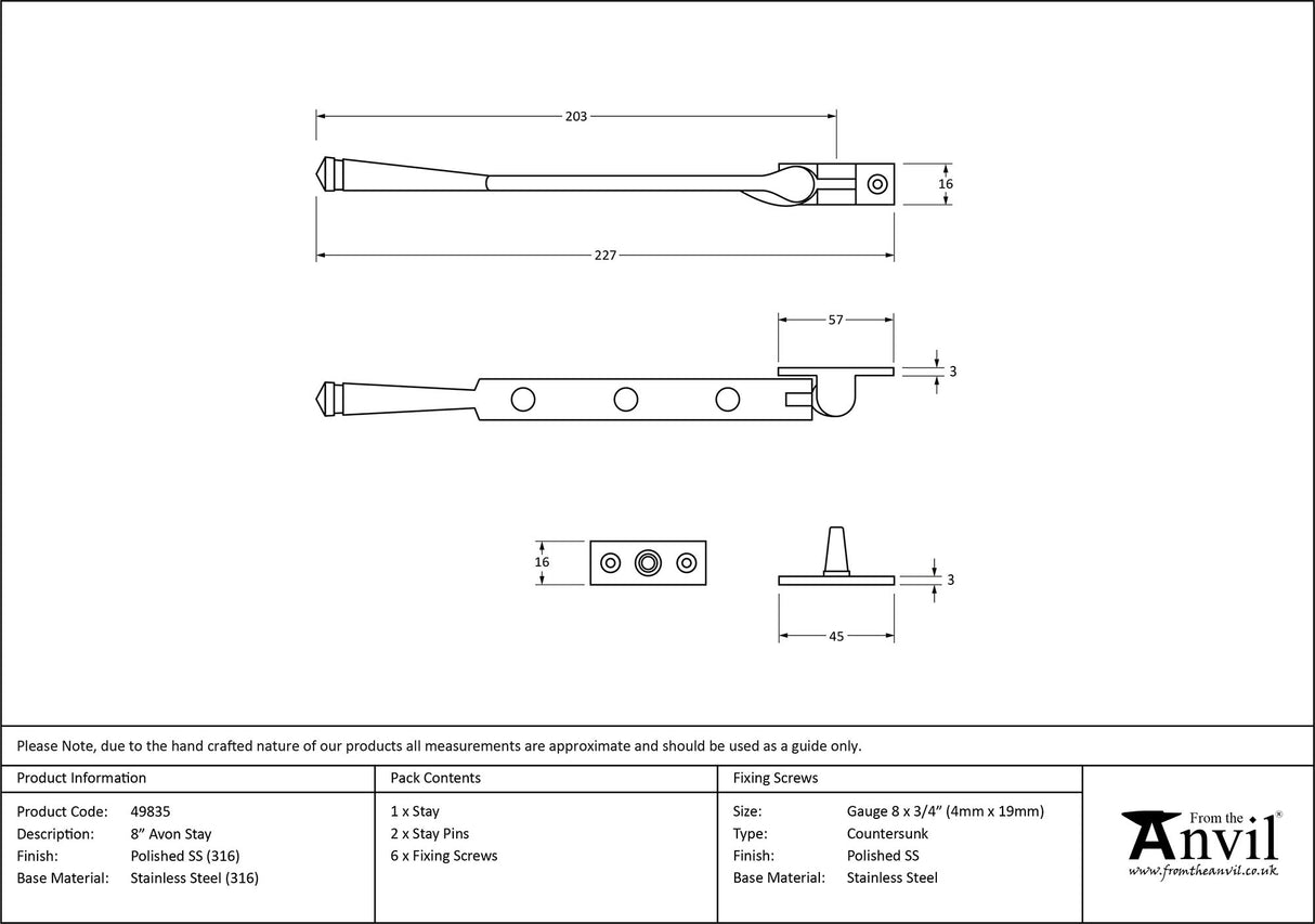 From The Anvil - Polished Marine SS (316) 8" Avon Stay | Sku. 49835 | Trade Door Handles.