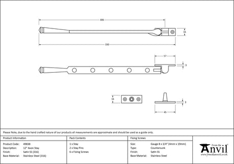 From The Anvil - Satin Marine SS (316) 12" Avon Stay | Sku. 49838 | Trade Door Handles.